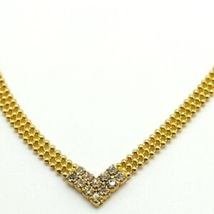 V Shaped Crystal Center Triple Row Delicate Round Gold-tone Beaded Necklace